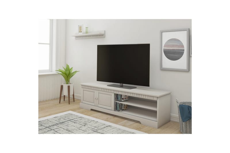 Cubrix lattialla seisova tv-taso 162 cm säilytystilalla männystä - Valkoinen - Huonekalut - TV- & Mediakalusteet - Tv taso & Mediataso