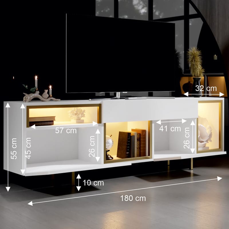 Denvar TV-taso 180x55x32 cm - valkoinen ja kulta - Huonekalut - TV- & Mediakalusteet - Tv taso & Mediataso