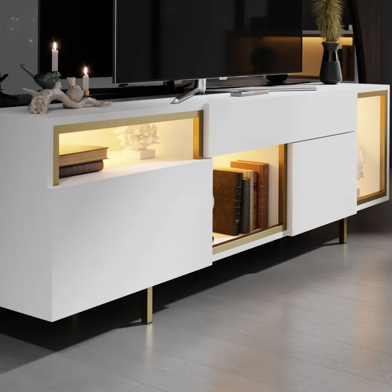 Denvar TV-taso 180x55x32 cm - valkoinen/kulta - Huonekalut - TV- & Mediakalusteet - Tv taso & Mediataso