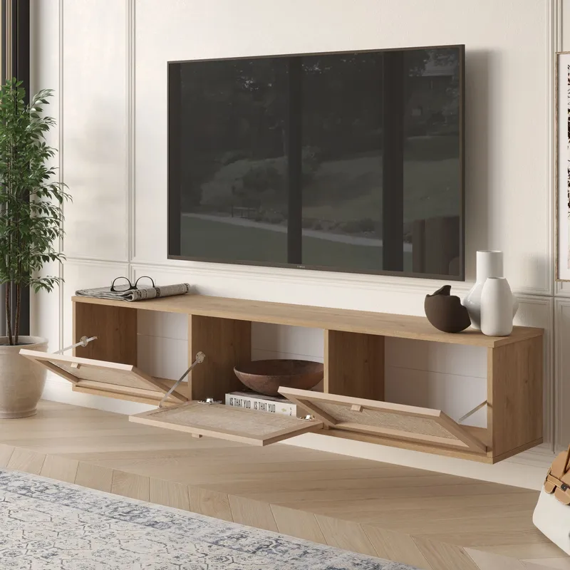 Dune seinäkiinnitteinen tv-taso 180 cm säilytyksellä puusta rottinkiyksityiskohdilla - Beige - Huonekalut - TV- & Mediakalusteet - Tv taso & Mediataso