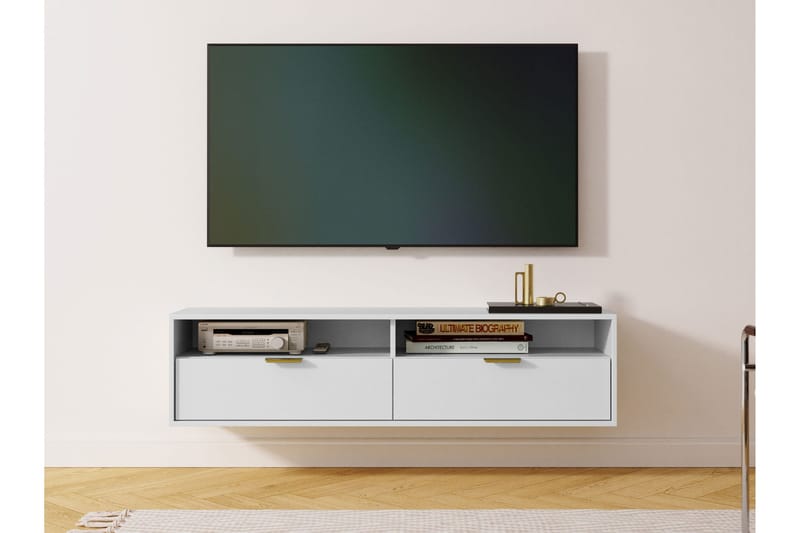Kanon seinälle kiinnitettävä tv-taso 140 cm säilytystilalla maalattua puuta - Valkoinen - Huonekalut - TV- & Mediakalusteet - Tv taso & Mediataso