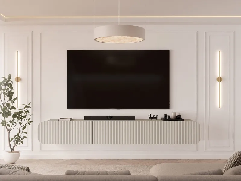 Lerva seinäkiinnitettävä tv-taso 239 cm säilytyksellä vaaleassa puussa - Beige - Huonekalut - TV- & Mediakalusteet - Tv taso & Mediataso
