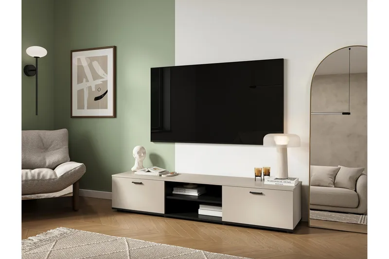 Lyrosen lattiaseisova tv-taso 180 cm säilytyksellä maalatusta puusta - Beige - Huonekalut - TV- & Mediakalusteet - Tv taso & Mediataso