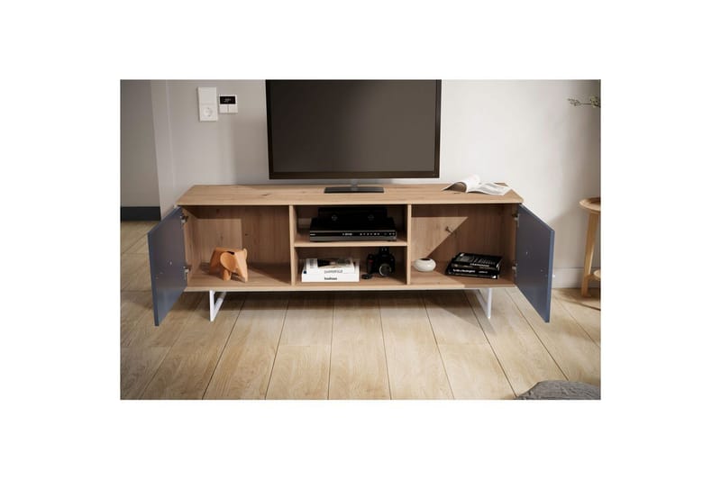 Matala kaappi Wohnling moderni lastulevy, 2 ovea, säilytyslokerot, metallijalat, moderni tyyli Tammi, harmaa - Tammi, harmaa - Huonekalut - TV- & Mediakalusteet - TV-kaappi