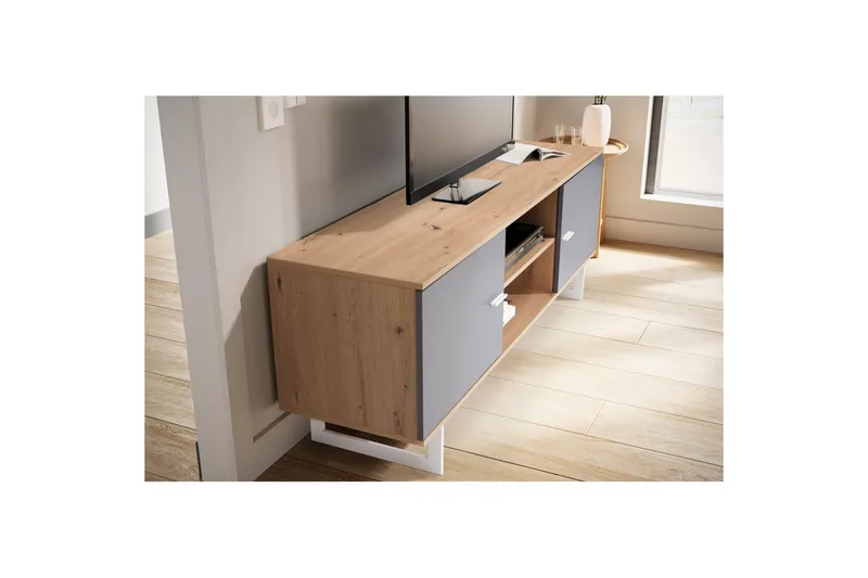 Matala kaappi Wohnling moderni lastulevy, 2 ovea, säilytyslokerot, metallijalat, moderni tyyli Tammi, harmaa - Tammi, harmaa - Huonekalut - TV- & Mediakalusteet - TV-kaappi