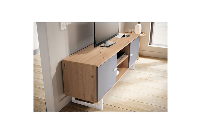 Matala kaappi Wohnling moderni lastulevy, 2 ovea, säilytyslokerot, metallijalat, moderni tyyli Tammi, harmaa - Tammi, harmaa - Huonekalut - TV- & Mediakalusteet - TV-kaappi