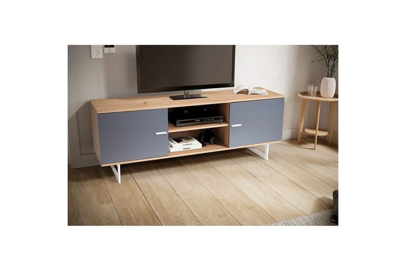 Matala kaappi Wohnling moderni lastulevy, 2 ovea, säilytyslokerot, metallijalat, moderni tyyli Tammi, harmaa - Tammi, harmaa - Huonekalut - TV- & Mediakalusteet - TV-kaappi