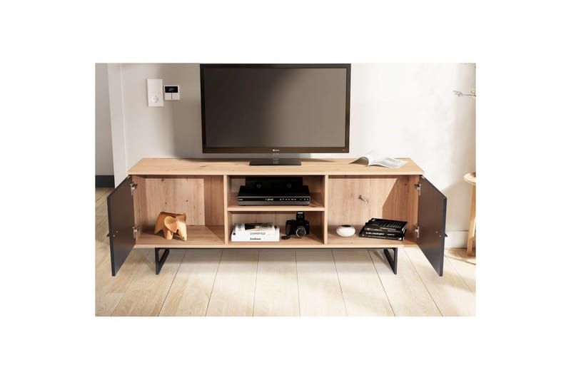 Matala kaappi Wohnling moderni lastulevy, 2 ovea, säilytyslokerot, metallijalat, moderni tyyli Tammi, musta - Tammi, musta - Huonekalut - TV- & Mediakalusteet - TV-kaappi