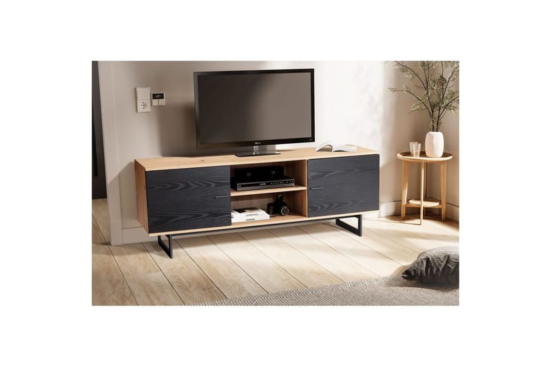 Matala kaappi Wohnling moderni lastulevy, 2 ovea, säilytyslokerot, metallijalat, moderni tyyli Tammi, musta - Tammi, musta - Huonekalut - TV- & Mediakalusteet - TV-kaappi