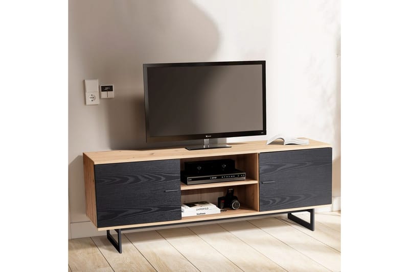 Matala kaappi Wohnling moderni lastulevy, 2 ovea, säilytyslokerot, metallijalat, moderni tyyli Tammi, musta - Tammi, musta - Huonekalut - TV- & Mediakalusteet - TV-kaappi