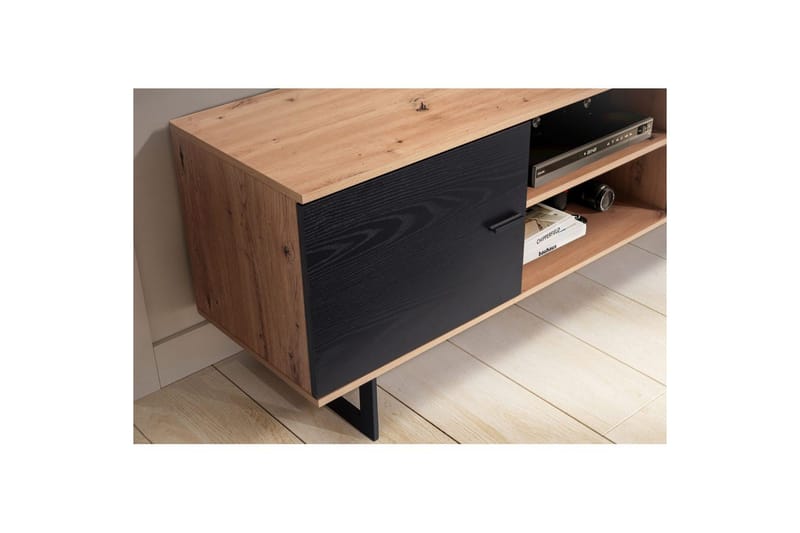 Matala kaappi Wohnling moderni lastulevy, 2 ovea, säilytyslokerot, metallijalat, moderni tyyli Tammi, musta - Tammi, musta - Huonekalut - TV- & Mediakalusteet - TV-kaappi