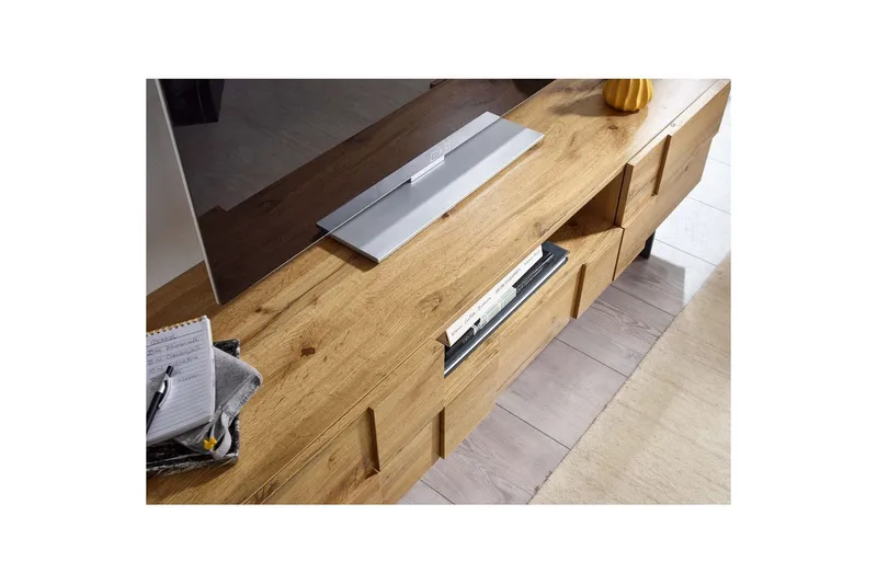 Matala kaappi Wohnling Tammipuiset kalusteet kuvioitu, 2 ovea, laatikosto, metallijalat, maalaistalo - Huonekalut - TV- & Mediakalusteet - TV-kaappi