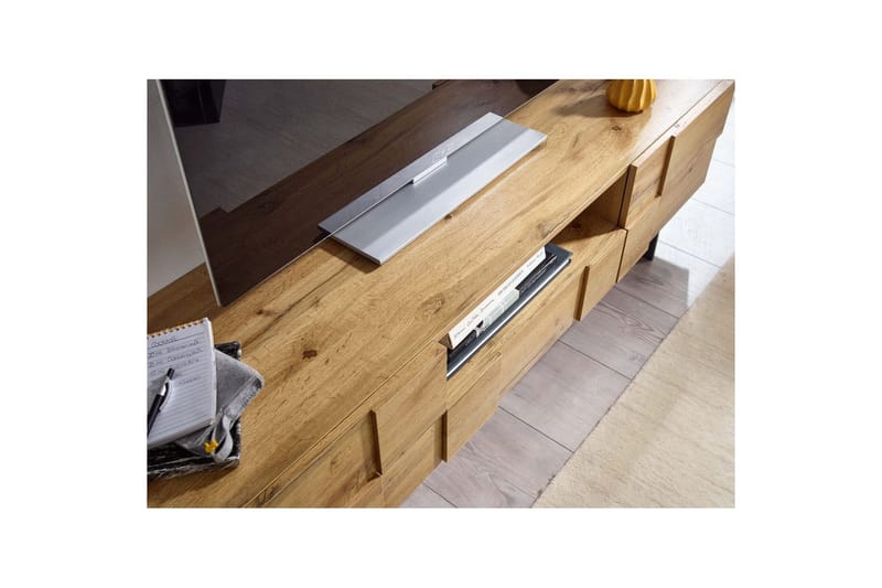 Matala kaappi Wohnling Tammipuiset kalusteet kuvioitu, 2 ovea, laatikosto, metallijalat, maalaistalo - Huonekalut - TV- & Mediakalusteet - TV-kaappi