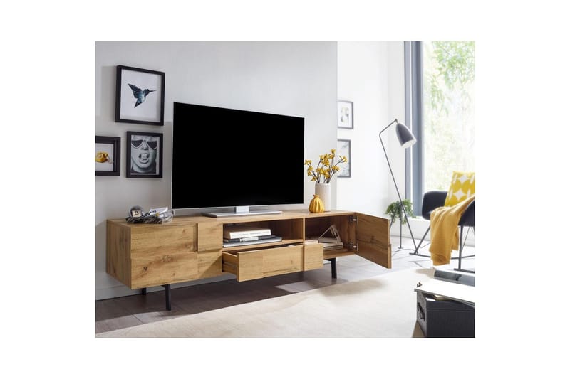 Matala kaappi Wohnling Tammipuiset kalusteet kuvioitu, 2 ovea, laatikosto, metallijalat, maalaistalo - Huonekalut - TV- & Mediakalusteet - TV-kaappi