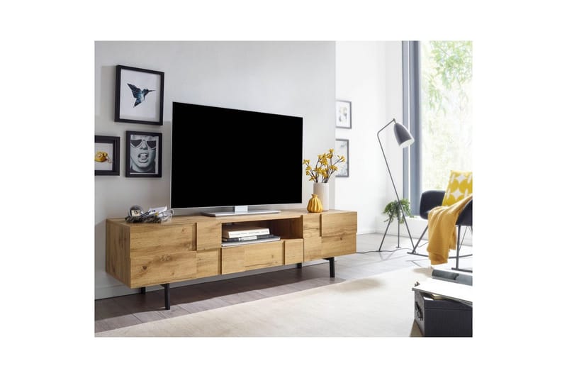 Matala kaappi Wohnling Tammipuiset kalusteet kuvioitu, 2 ovea, laatikosto, metallijalat, maalaistalo - Huonekalut - TV- & Mediakalusteet - TV-kaappi