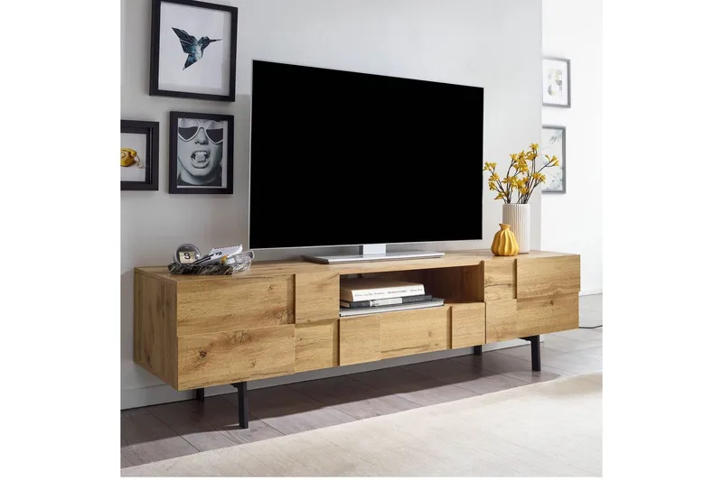 Matala kaappi Wohnling Tammipuiset kalusteet kuvioitu, 2 ovea, laatikosto, metallijalat, maalaistalo - Huonekalut - TV- & Mediakalusteet - TV-kaappi