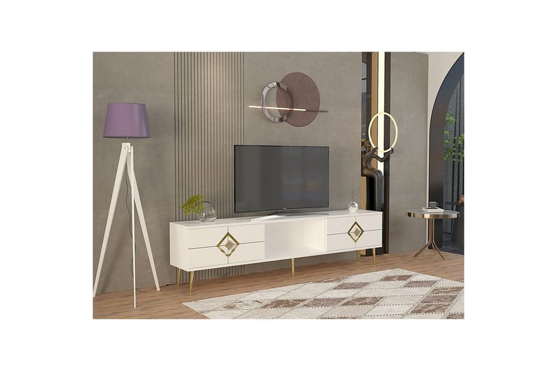 Cleryn TV-taso 150 cm - Valkoinen/Keltainend - Huonekalut - TV- & Mediakalusteet - Tv taso & Mediataso