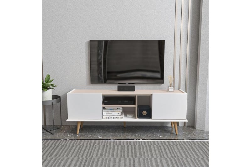 Corvo lattialla seisova tv-taso 154,4 cm säilytystilalla maalattua puuta - Valkoinen|Beige - Huonekalut - TV- & Mediakalusteet - Tv taso & Mediataso