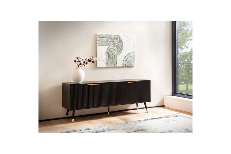 Matala kaappi Wohnling Lastulevy musta kalvolla kahdella ovella moderni tammi metallisilla jaloilla - Huonekalut - TV- & Mediakalusteet - Tv taso & Mediataso