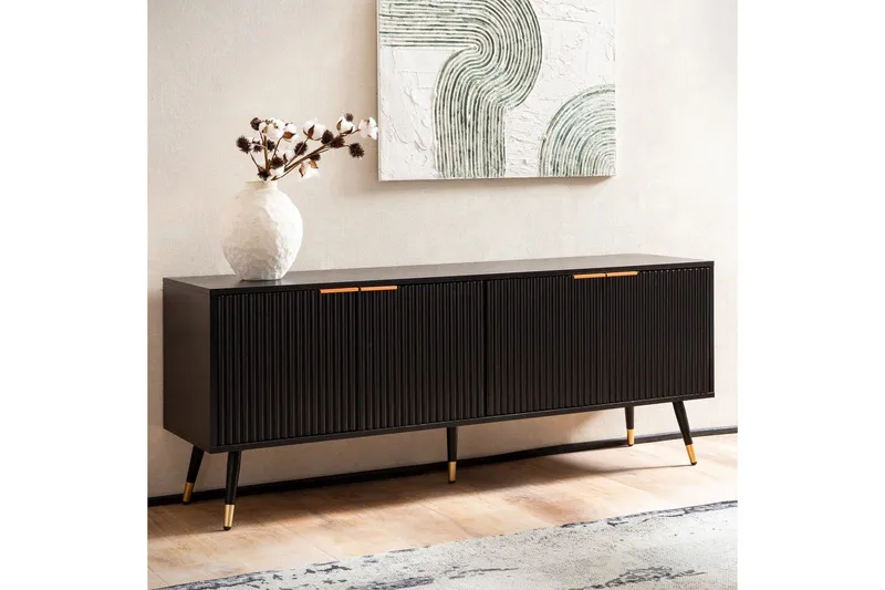 Matala kaappi Wohnling Lastulevy musta kalvolla kahdella ovella moderni tammi metallisilla jaloilla - Huonekalut - TV- & Mediakalusteet - Tv taso & Mediataso