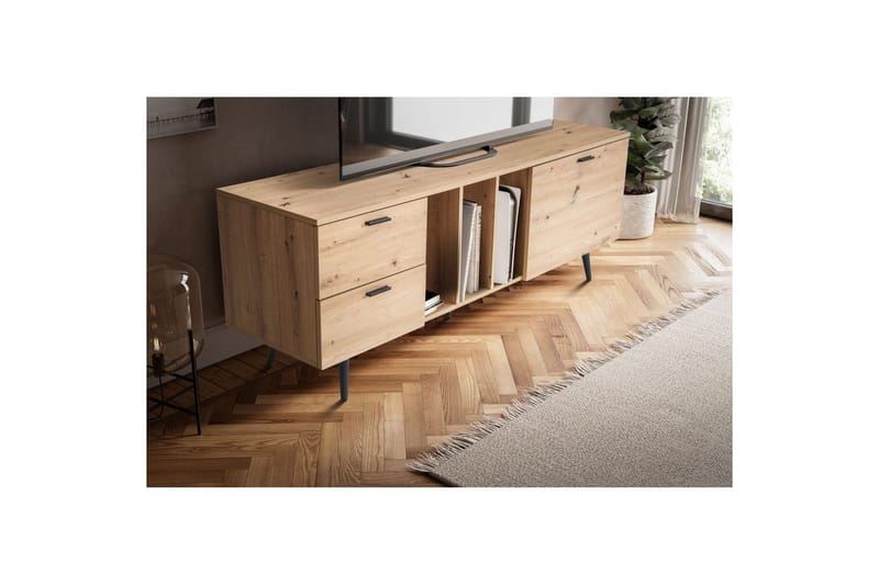 Matala kaappi Wohnling moderni lastulevy, 2 laatikkoa, 1 ovi, säilytyslokerot, metallijalat, moderni tyyli Musta, tammi - Musta, tammi - Huonekalut - TV- & Mediakalusteet - Tv taso & Mediataso