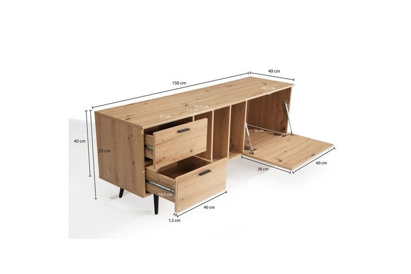 Matala kaappi Wohnling moderni lastulevy, 2 laatikkoa, 1 ovi, säilytyslokerot, metallijalat, moderni tyyli Musta, tammi - Musta, tammi - Huonekalut - TV- & Mediakalusteet - Tv taso & Mediataso