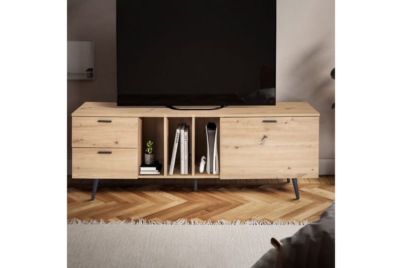 Matala kaappi Wohnling moderni lastulevy, 2 laatikkoa, 1 ovi, säilytyslokerot, metallijalat, moderni tyyli Musta, tammi - Musta, tammi - Huonekalut - TV- & Mediakalusteet - Mediajalusta & seinäteline