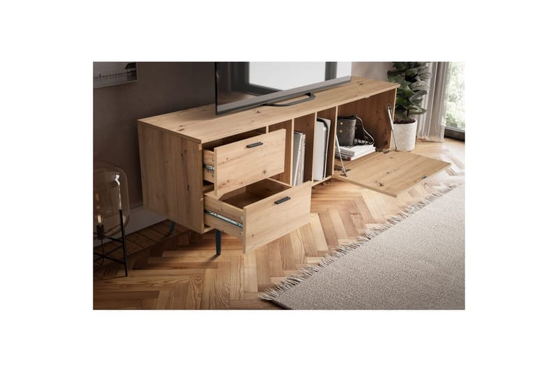 Matala kaappi Wohnling moderni lastulevy, 2 laatikkoa, 1 ovi, säilytyslokerot, metallijalat, moderni tyyli Musta, tammi - Musta, tammi - Huonekalut - TV- & Mediakalusteet - Tv taso & Mediataso