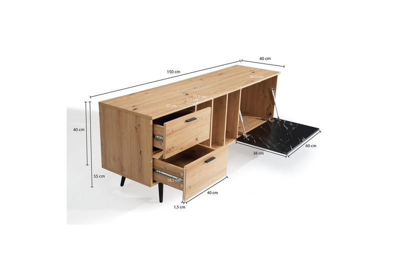 Matala kaappi Wohnling moderni lastulevy, 2 laatikkoa, 1 ovi, säilytyslokerot, metallijalat, moderni tyyli Tammi, marmori, musta - Tammi, marmori, musta - Huonekalut - TV- & Mediakalusteet - Tv taso & Mediataso