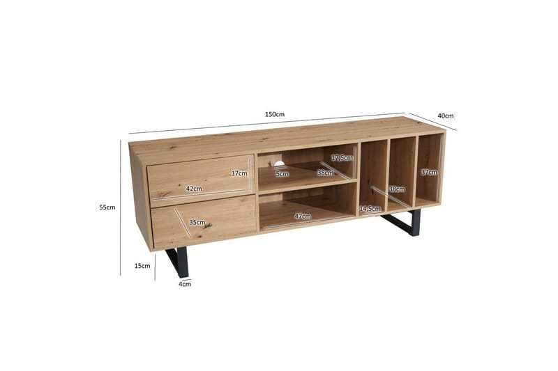 Matala kaappi Wohnling moderni lastulevy, 2 laatikkoa, säilytyslokerot, metallijalat, moderni tyyli Tammi - Tammi - Huonekalut - TV- & Mediakalusteet - Tv taso & Mediataso