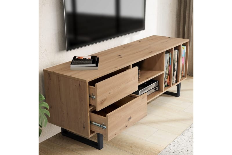 Matala kaappi Wohnling moderni lastulevy, 2 laatikkoa, säilytyslokerot, metallijalat, moderni tyyli Tammi - Tammi - Huonekalut - TV- & Mediakalusteet - Tv taso & Mediataso