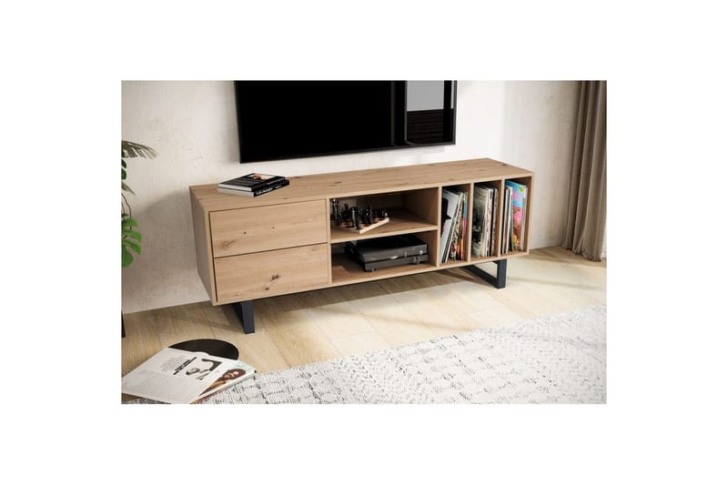 Matala kaappi Wohnling moderni lastulevy, 2 laatikkoa, säilytyslokerot, metallijalat, moderni tyyli Tammi - Tammi - Huonekalut - TV- & Mediakalusteet - Tv taso & Mediataso