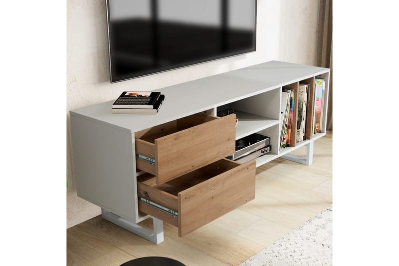 Matala kaappi Wohnling moderni lastulevy, 2 laatikkoa, säilytyslokerot, metallijalat, moderni tyyli Valkoinen, tammi - Valkoinen, tammi - Huonekalut - TV- & Mediakalusteet - Tv taso & Mediataso