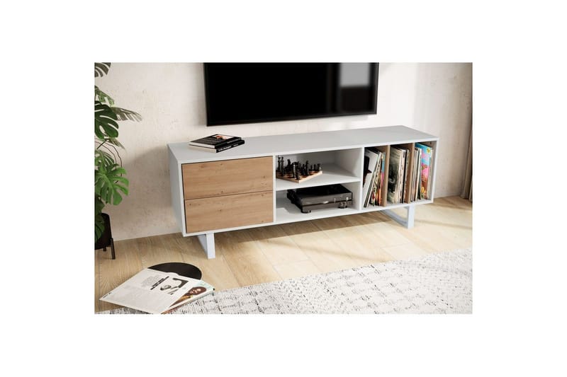 Matala kaappi Wohnling moderni lastulevy, 2 laatikkoa, säilytyslokerot, metallijalat, moderni tyyli Valkoinen, tammi - Valkoinen, tammi - Huonekalut - TV- & Mediakalusteet - Tv taso & Mediataso