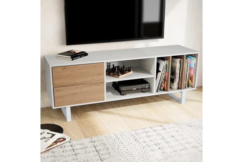 Matala kaappi Wohnling moderni lastulevy, 2 laatikkoa, säilytyslokerot, metallijalat, moderni tyyli Valkoinen, tammi - Valkoinen, tammi - Huonekalut - TV- & Mediakalusteet - Tv taso & Mediataso