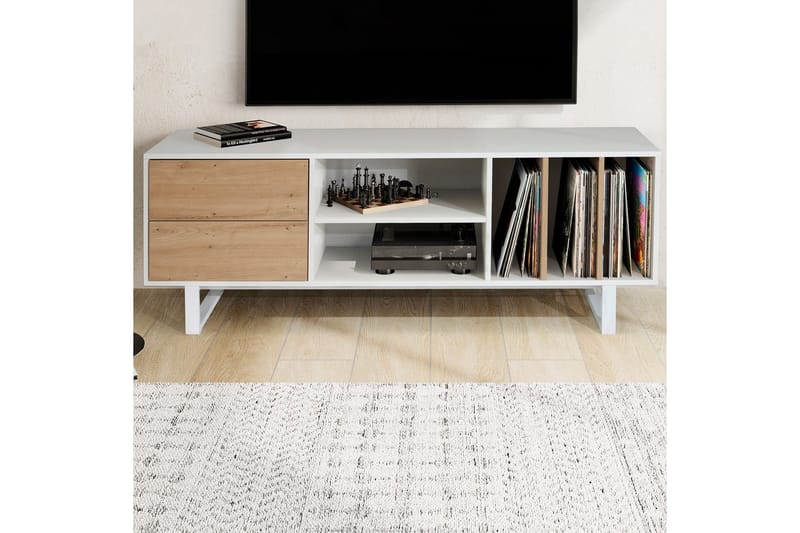 Matala kaappi Wohnling moderni lastulevy, 2 laatikkoa, säilytyslokerot, metallijalat, moderni tyyli Valkoinen, tammi - Valkoinen, tammi - Huonekalut - TV- & Mediakalusteet - Mediajalusta & seinäteline