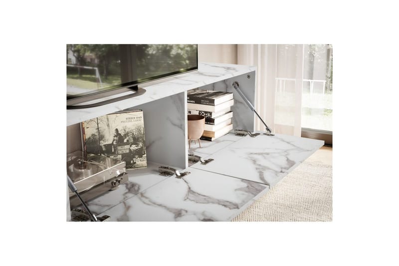 Matala kaappi Wohnling Pinnoitettu seinäkiinnitettävä luukkuovella, moderni Marmori, valkoinen, 160 cm - Marmori, valkoinen, 160 cm - Huonekalut - TV- & Mediakalusteet - TV-hyllyt