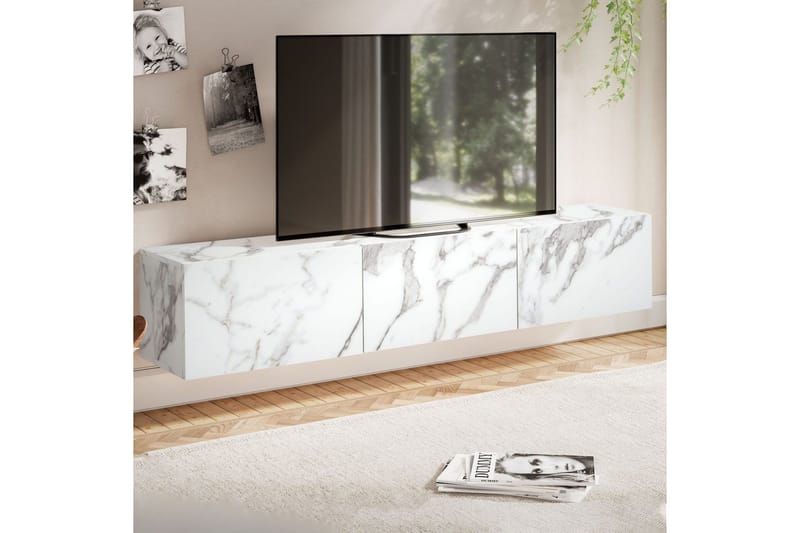 Matala kaappi Wohnling Pinnoitettu seinäkiinnitettävä luukkuovella, moderni Marmori, valkoinen, 160 cm - Marmori, valkoinen, 160 cm - Huonekalut - TV- & Mediakalusteet - TV-hyllyt