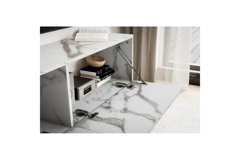 Matala kaappi Wohnling Pinnoitettu seinäkiinnitettävä luukkuovella, moderni Marmori, valkoinen, 120 cm - Marmori, valkoinen, 120 cm - Huonekalut - TV- & Mediakalusteet - TV-hyllyt