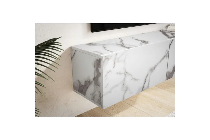 Matala kaappi Wohnling Pinnoitettu seinäkiinnitettävä luukkuovella, moderni Marmori, valkoinen, 120 cm - Marmori, valkoinen, 120 cm - Huonekalut - TV- & Mediakalusteet - TV-hyllyt