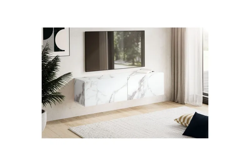 Matala kaappi Wohnling Pinnoitettu seinäkiinnitettävä luukkuovella, moderni Marmori, valkoinen, 120 cm - Marmori, valkoinen, 120 cm - Huonekalut - TV- & Mediakalusteet - TV-hyllyt