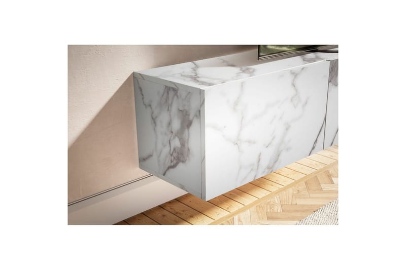 Matala kaappi Wohnling Pinnoitettu seinäkiinnitettävä luukkuovella, moderni Marmori, valkoinen, 160 cm - Marmori, valkoinen, 160 cm - Huonekalut - TV- & Mediakalusteet - TV-hyllyt