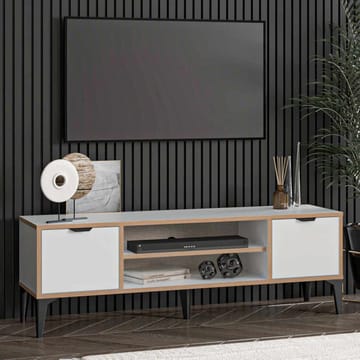 Olyros tv-taso 140 cm säilytyksellä puuta metallijaloilla - Valkoinen - Huonekalut - TV- & Mediakalusteet - Tv taso & Mediataso