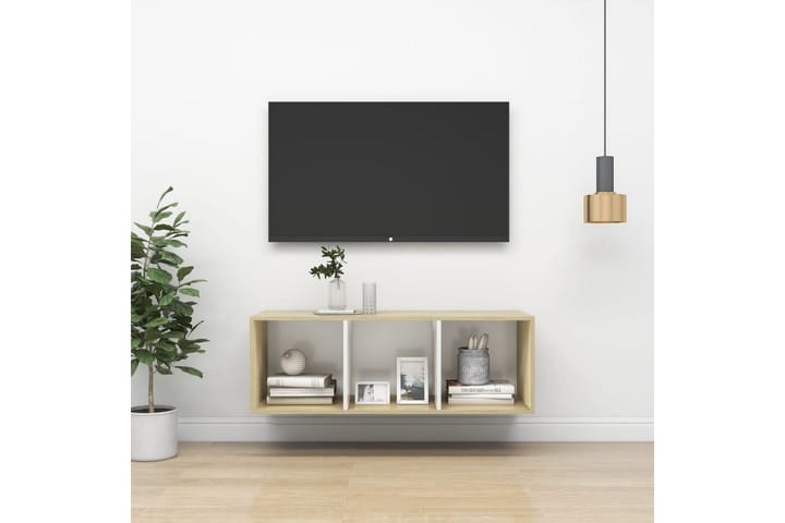 Seinäkiinnitettävä TV-taso tammi ja valk. 37x37x107 cm - Mediajalusta & seinäteline - TV:n seinäteline