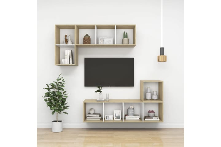 Seinäkiinnitettävä TV-taso tammi ja valk. 37x37x142,5cm levy - Mediajalusta & seinäteline - TV:n seinäteline