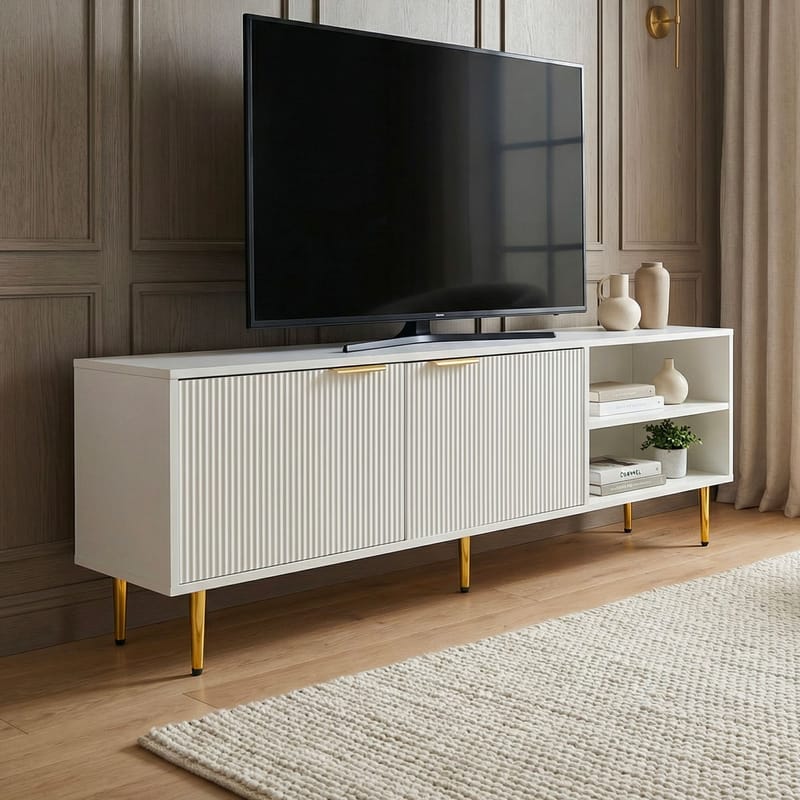 Morela-TV-taso 150 cm - Valkoinen kultaisilla yksityiskohdilla - Huonekalut - TV- & Mediakalusteet - Tv taso & Mediataso