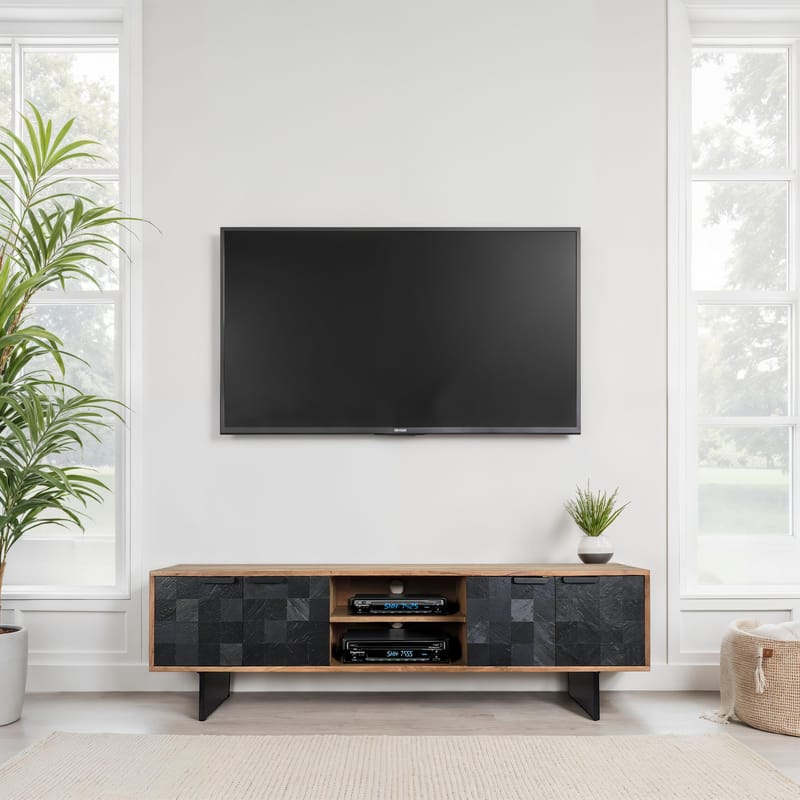 Olvian TV-taso 150 cm massiivista akaasiapuuta, kivipintaa muistuttavilla etuosilla ja metallilla - Huonekalut - TV- & Mediakalusteet - Tv taso & Mediataso