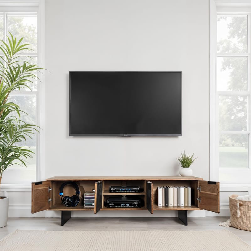 Olvian TV-taso 150 cm massiivista akaasiapuuta, kivipintaa muistuttavilla etuosilla ja metallilla - Huonekalut - TV- & Mediakalusteet - Tv taso & Mediataso
