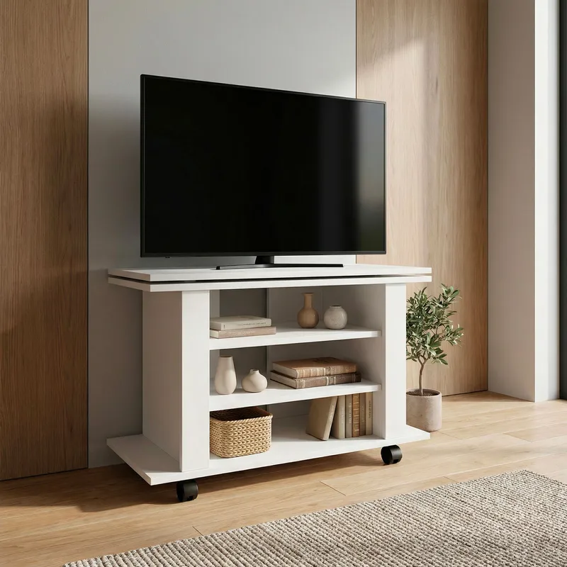 Olyricon-TV-taso 78 cm säilytystilalla, pyörillä - Valkoinen ja musta - Huonekalut - TV- & Mediakalusteet - Tv taso & Mediataso