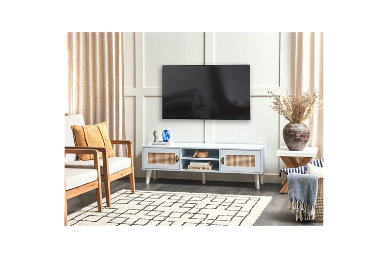 Parton lattialla seisova tv-taso 140 cm säilytystilalla, maalattua puuta - Valkoinen|Beige - Huonekalut - TV- & Mediakalusteet - Tv taso & Mediataso